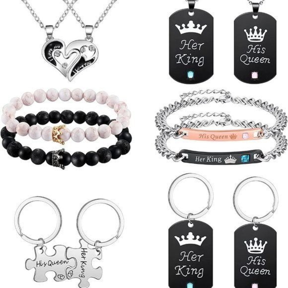 New 12 Pieces Couple Necklace Bracelet Keychain Set Her King His Queen N… - Picture 1 of 5